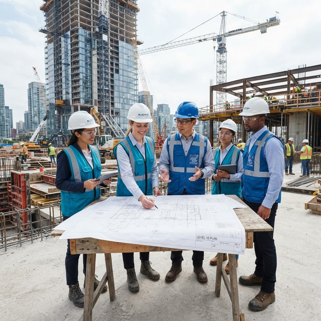 Al Amarah engineers reviewing plans on a construction site
