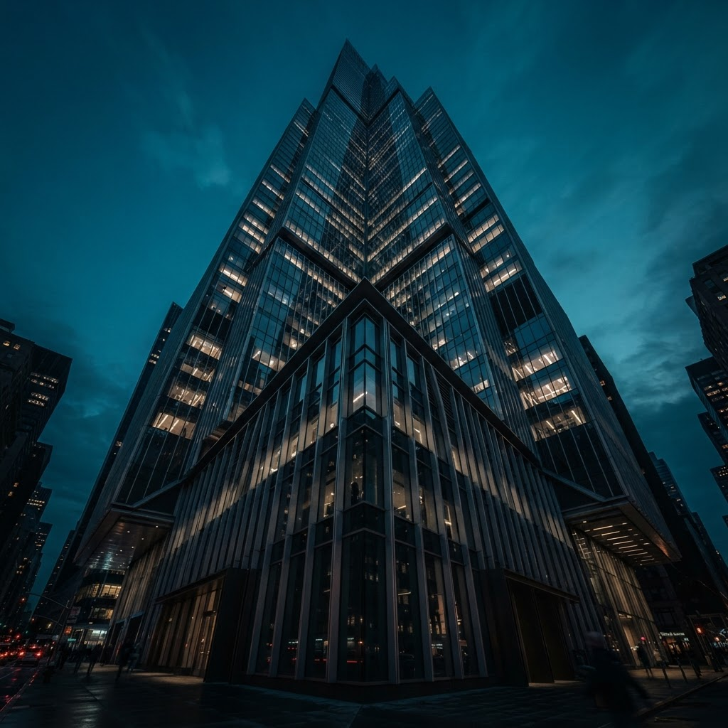 Modern building facade at dusk