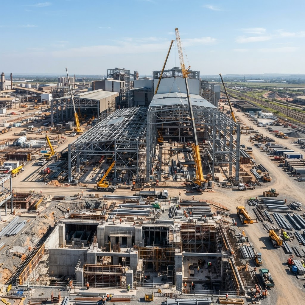 Large-scale industrial construction site with steel structures and cranes